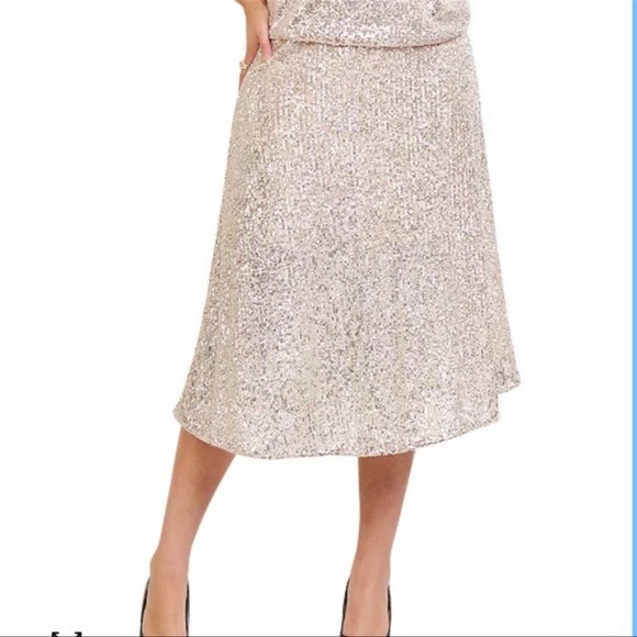Cream silver metallic sequin midi flare aline skirt - Picture 3 of 8